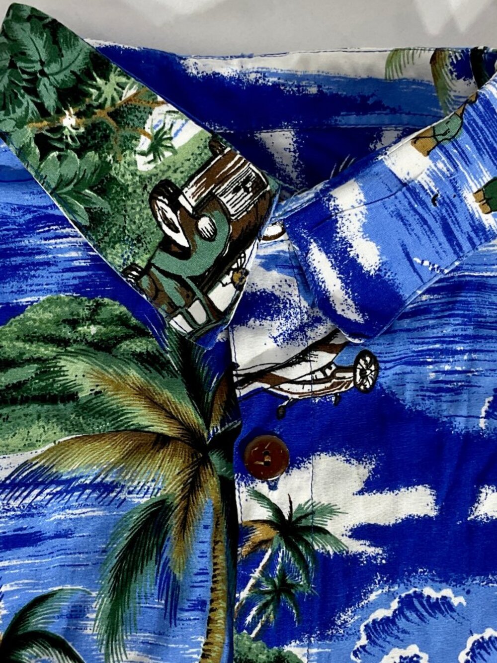 Mango Moon Mens Sz L Hawaiian Short Sleeve Shirt Boats Palm Trees Cybersource